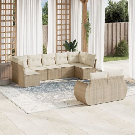 Ensemble Salon Jardin 9 Places Résine Tressée Beige avec Coussins Amovibles et Rangement Intégré (1/3)