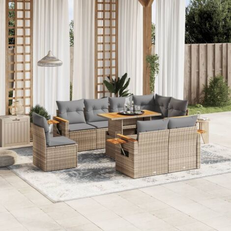 Salon de Jardin 9 Places en Résine Tressée Beige avec Coussins Gris - Table Réglable et Mobilier d'Extérieur Modulaire (1/3)