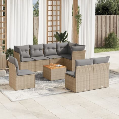 Ensemble Salon Jardin 9 Places Résine Tressée Beige avec Coussins Gris - Canapés d'Angle et Centre, Table Acacia (1/3)