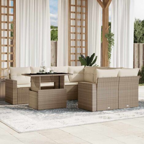 Ensemble de jardin 9 places en résine tressée beige avec coussins lavables - Table extensible verre trempé - Meuble terrasse modulaire (1/5)