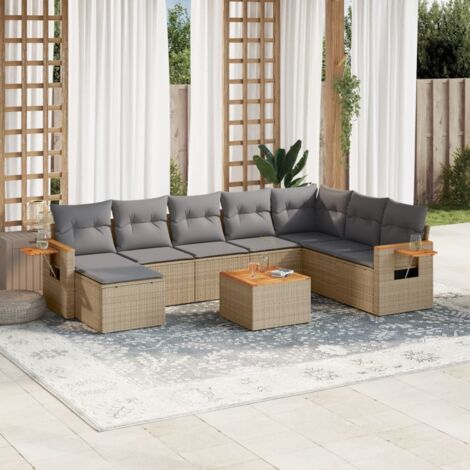 Ensemble de jardin 9 places en résine tressée beige avec coussins gris - Table acacia et repose-pieds modulables (1/5)