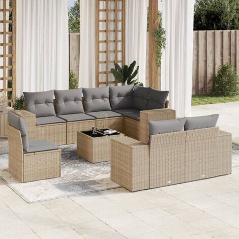 Ensemble Salon Jardin 9 Places Résine Tressée Beige avec Coussins Gris - Table Verre Trempé, Modulaire (1/5)