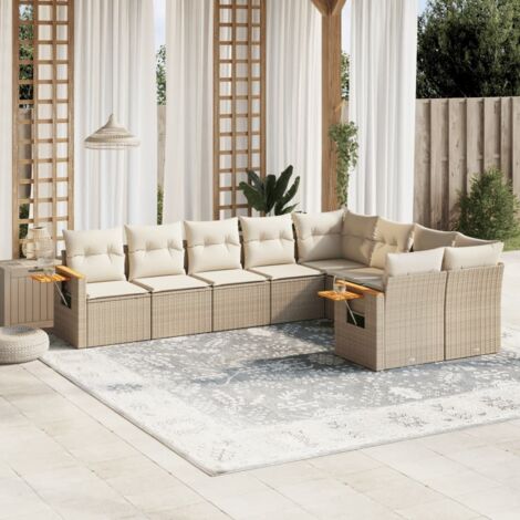 Ensemble Salon Jardin 9 Places Résine Tressée Beige avec Coussins - Canapé d'Extérieur Modulaire avec Rangement et Table Accoudoir (1/3)