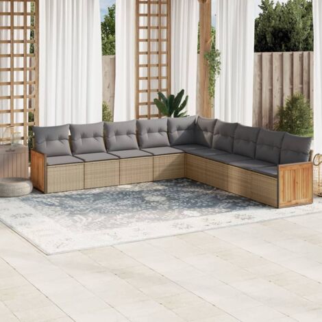 Ensemble Salon Jardin 9 Places Résine Tressée Beige avec Coussins Gris Modulaire Stockage (1/3)