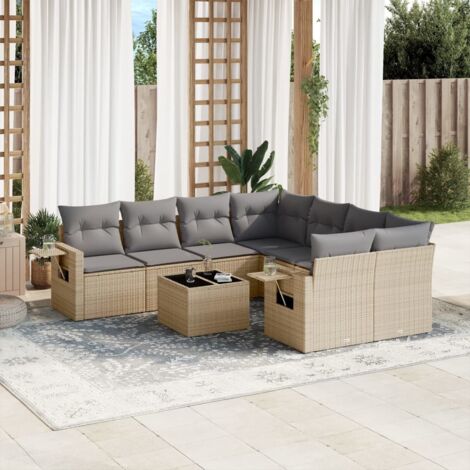 Ensemble Salon Jardin 9 Places Résine Tressée Beige avec Coussins Gris - Table Verre Trempé - Modulaire (1/5)