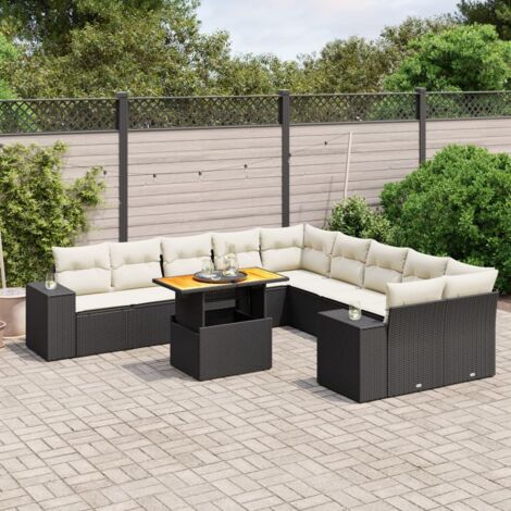 Ensemble Salon Jardin 11 Pièces Noir Résine Tressée avec Coussins Crème - Table Réglable Hauteur Modulable (1/3)