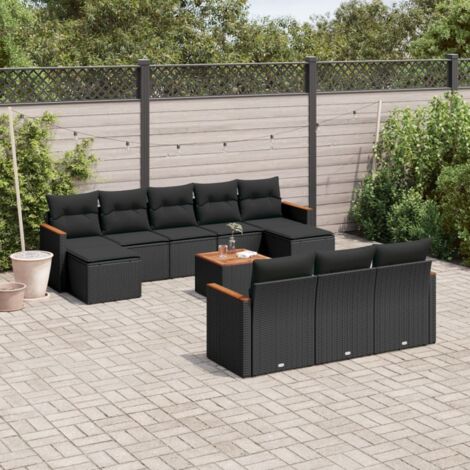 Ensemble Salon Jardin 11 Pièces Noir Résine Tressée avec Coussins - Table Acacia, Sièges Modulables et Rangement Intégré (1/3)