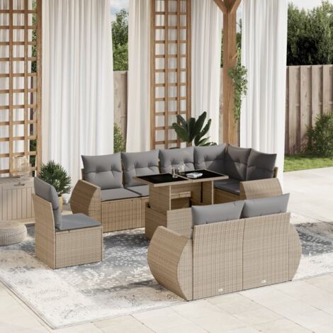 Ensemble Salon Jardin 9 Places Résine Tressée Beige avec Coussins Gris - Table Réglable et Mobilier Modulaire Extérieur (1/5)