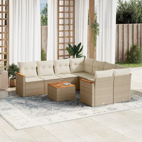Ensemble Salon Jardin 9 Places Résine Tressée Beige - Table Acacia, Coussins Lavables, Modulaire (1/5)