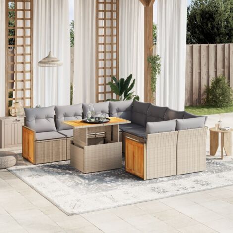 Ensemble Salon Jardin 9 Places Résine Tressée Beige avec Table Réglable et Coussins Gris Lavables (1/3)