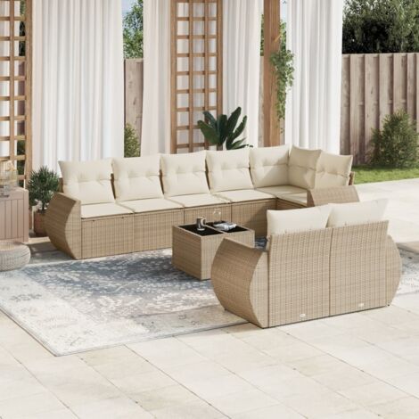 Ensemble Salon Jardin 9 Places Résine Tressée Beige avec Coussins et Table Verre Trempé (1/5)