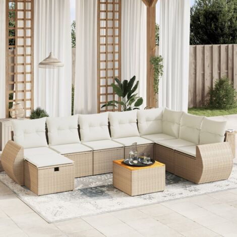 Ensemble Salon Jardin 9 Places Résine Tressée Beige avec Coussins - Canapé d'Angle, Central et Accoudoirs + Table Acacia (1/4)