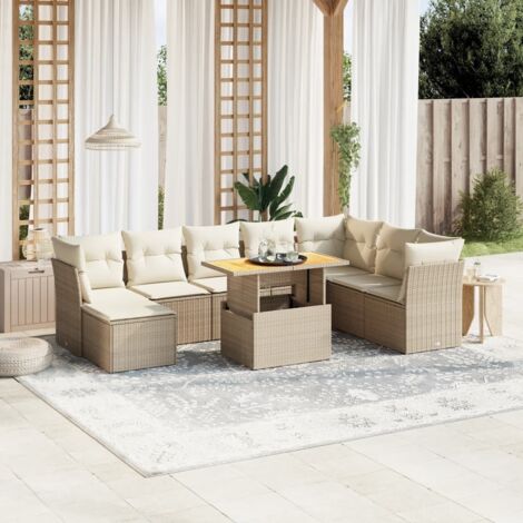 Salon de Jardin 9 Places en Résine Tressée Beige avec Coussins - Table Réglable et Mobilier d'Extérieur Modulaire (1/4)