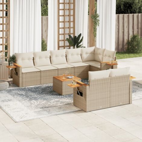 Ensemble Salon Jardin 9 Places Résine Tressée Beige avec Coussins - Canapé d'Angle, Sièges Centraux et Table Acacia (1/5)