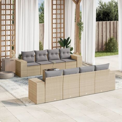 Salon de Jardin 9 Places en Résine Tressée Beige avec Table Verre Trempé et Coussins Gris Lavables - Ensemble Modulaire Jardin (1/5)