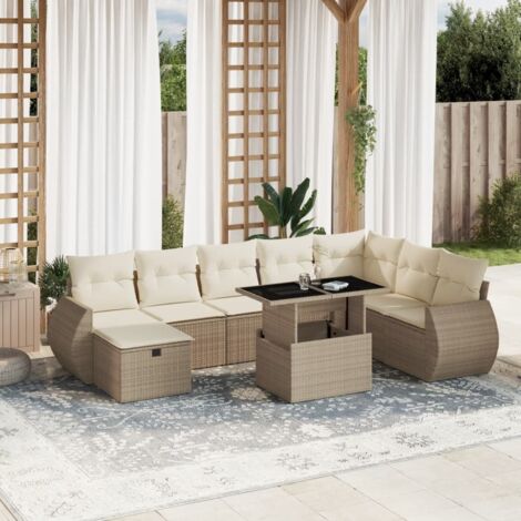 Ensemble Salon Jardin 9 Places Résine Tressée Beige avec Coussins Lavables - Table Verre Trempé Réglable (1/5)