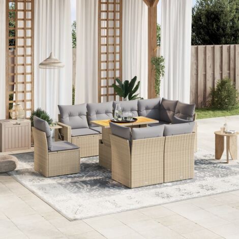 Salon de jardin 9 places en résine tressée beige avec table extensible et coussins déhoussables - Ensemble modulaire pour terrasse et jardin (1/3)