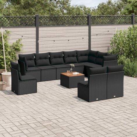 Ensemble jardin 11 places résine tressée noir avec coussins - 3 sièges d'angle + 7 centraux + table acacia - Stockage intégré (1/5)