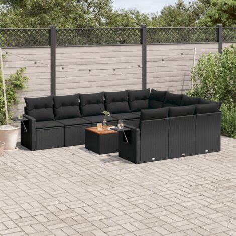 Ensemble Salon Jardin 11 Pièces Noir Résine Tressée avec Coussins - Table Acacia - Modulaire (1/5)
