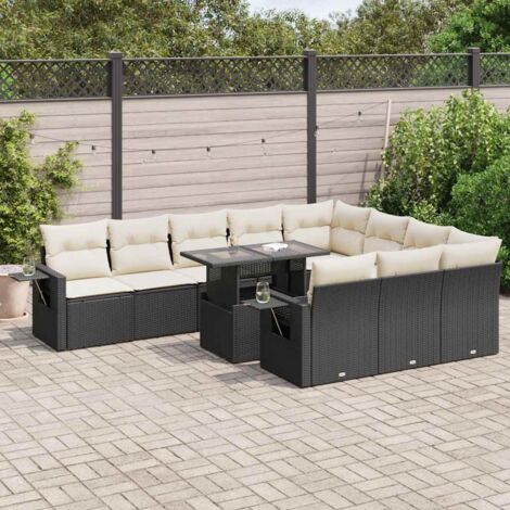 Ensemble Salon Jardin 11 Pièces Noir Résine Tressée avec Coussins Crème - Table Réglable et Rangement Intégré (1/5)