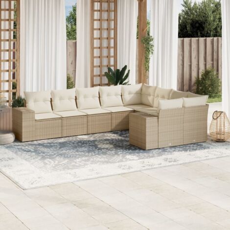 Ensemble Salon Jardin 9 Places Résine Tressée Beige avec Coussins et Rangement (1/3)