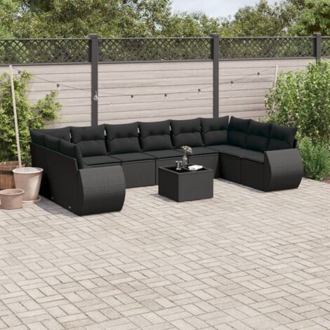 Ensemble Jardin 11 Pièces Noir Résine Tressée avec Table Verre Trempé et Coussins Lavables - Salon Extérieur Modulaire (1/5)
