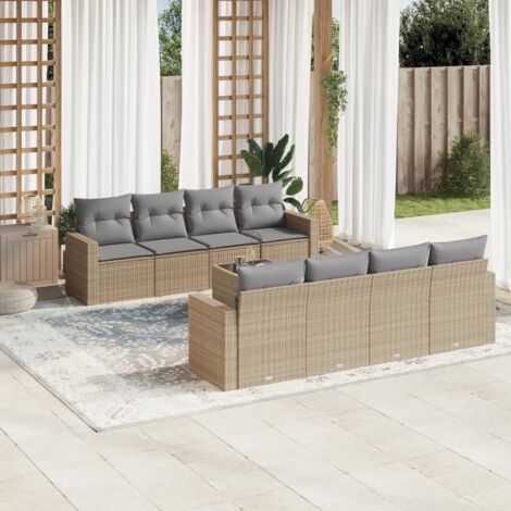 Ensemble Salon Jardin 9 Places Résine Tressée Beige avec Coussins Gris, Table Verre Trempé, Modulaire, Rangement Intégré (1/3)
