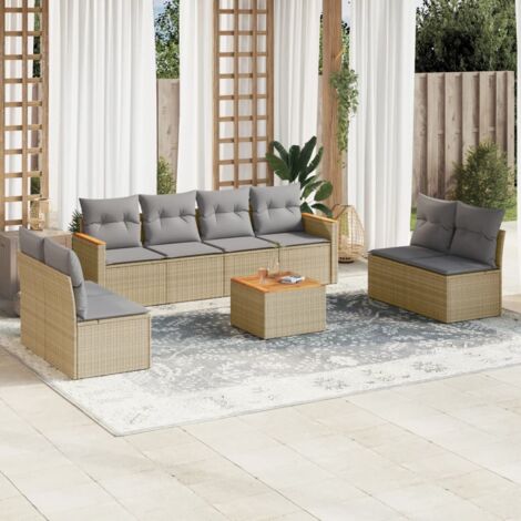 Ensemble Salon Jardin 9 Places Résine Tressée Beige avec Coussins Gris, Table Acacia, Modular, Rangement (1/3)