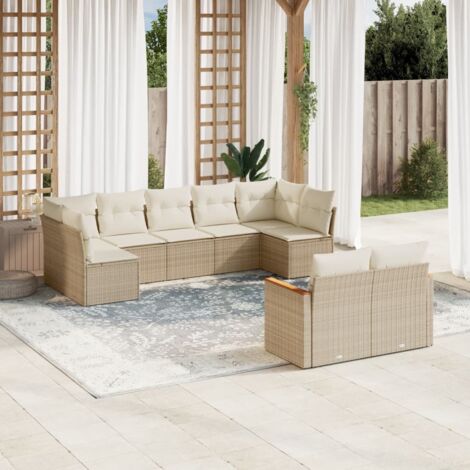 Ensemble Salon Jardin 9 Places Résine Tressée Beige avec Coussins - Mobilier Extérieur Modulaire avec Rangement et Housse Lavable (1/3)