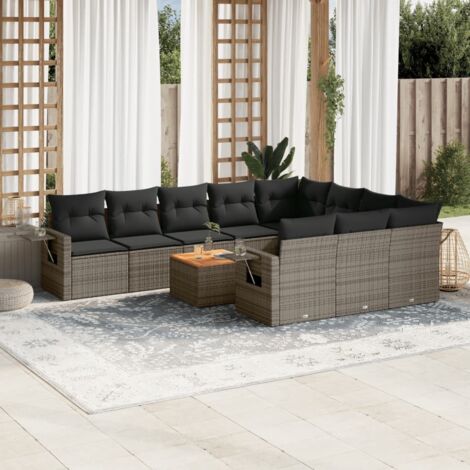 Ensemble Salon Jardin 11 Pièces Résine Tressée Noir avec Coussins - Canapé d'Angle, Central et Table Acacia - Modulaire et Résistant aux UV (1/5)