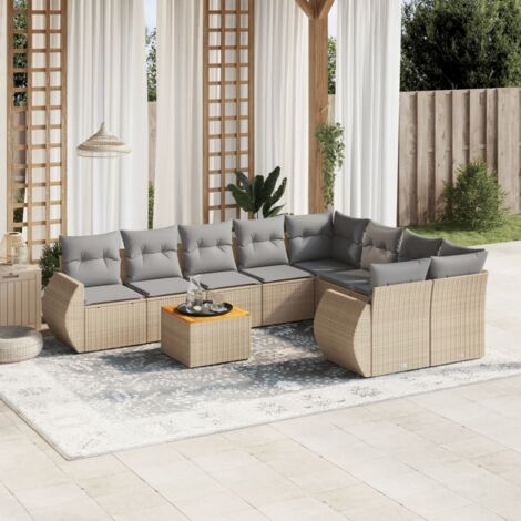 Ensemble Salon Jardin 9 Places Résine Tressée Beige avec Coussins Gris, Table Acacia, Modules Modulables et Rangement Intégré (1/3)