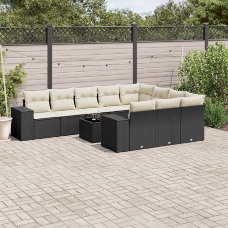 Salon de Jardin 11 Pièces Noir Résine Tressée avec Table Verre Trempé et Coussins Crème - Ensemble Modulaire avec Espace de Rangement (1/3)