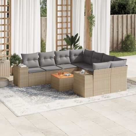 Ensemble Salon Jardin 9 Places Résine Tressée Beige avec Coussins Gris - Table Acacia (1/3)