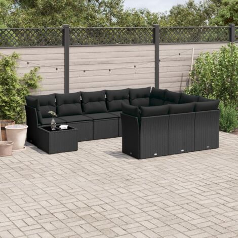 Ensemble Salon Jardin 11 Pièces Noir Résine Tressée avec Coussins et Table Verre Trempé (1/3)