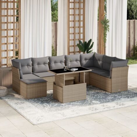Salon de Jardin 9 Places en Résine Tressée Beige avec Coussins Gris - Ensemble Modulaire avec Table Réglable et Housses Lavables (1/5)