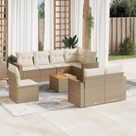 Salon de Jardin 9 Places en Résine Tressée Beige - Ensemble Canapé d'Angle avec Table Acacia et Coussins Lavables (1/3)