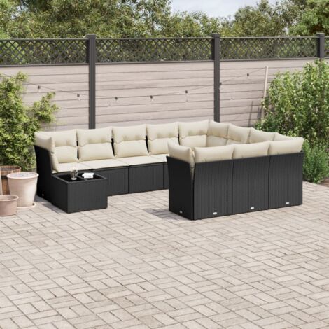 Ensemble de jardin 11 pièces noir résine tressée avec table verre trempé et rangements intégrés (1/3)