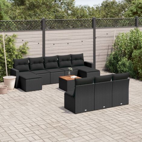 Ensemble jardin 11 pièces résine tressée noir avec coussins, table acacia, rangement intégré (1/5)