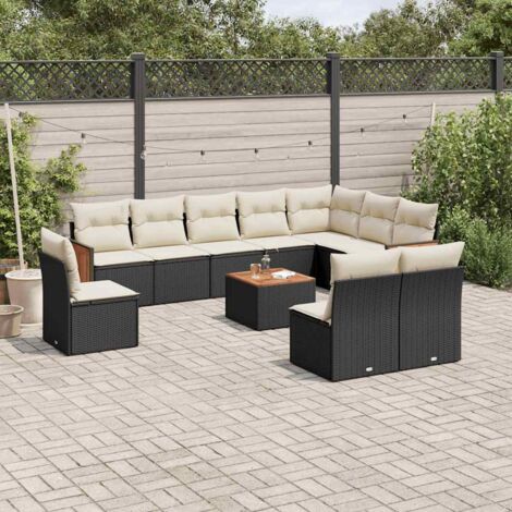 Ensemble Salon Jardin 11 Pièces Résine Tressée Noir avec Coussins Crème - Table Acacia, Modular, Stockage Intégré (1/3)