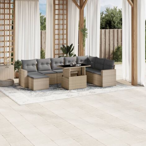Salon de Jardin 9 Places en Résine Tressée Beige avec Coussins Gris - Table Réglable Hauteur, Meuble Extérieur Modulaire (1/5)
