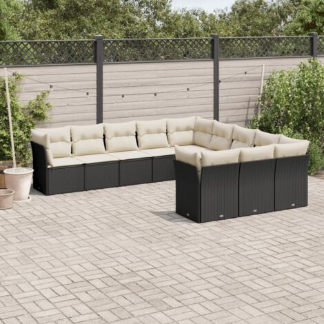 Ensemble Salon Jardin 11 Places Résine Tressée Noir avec Coussins Crème - Modulaire, Rangement Intégré, Résistant aux UV (1/3)