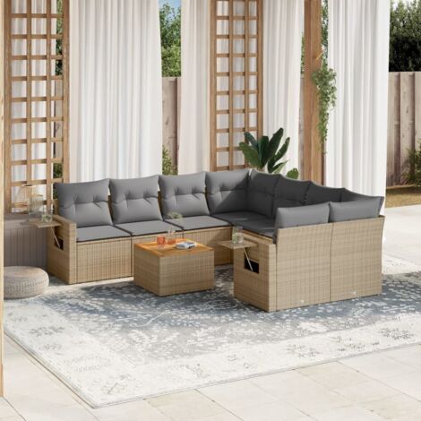 Ensemble Salon Jardin 9 Places Résine Tressée Beige avec Coussins Gris - Mobilier Extérieur Modulaire Table Acacia (1/5)