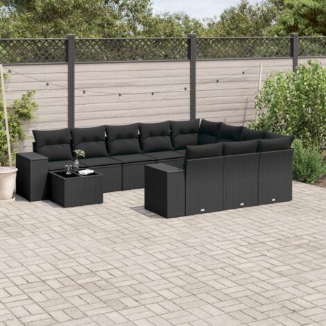 Ensemble Salon Jardin 11 Pièces Noir Résine Tressée avec Table Verre Trempé et Coussins Détachables (1/5)