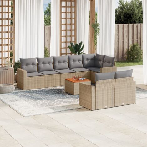 Ensemble Salon Jardin 9 Places Résine Tressée Beige avec Coussins Gris - Canapés Modulaires, Table Acacia (1/3)