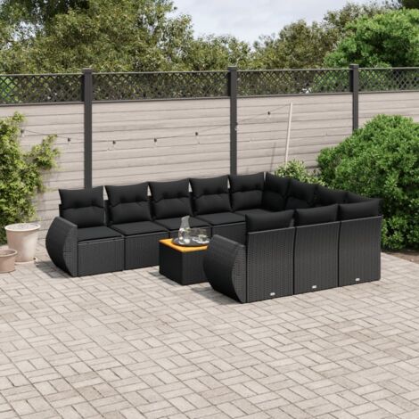 Ensemble Salon Jardin 11 Pièces Noir Résine Tressée avec Coussins - Table Acacia - Modulaire Extérieur (1/3)