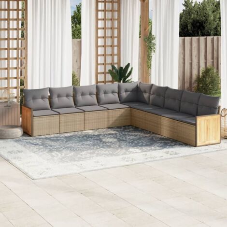 Ensemble Salon Jardin 9 Places Résine Tressée Beige avec Coussins Gris Modulable (1/5)