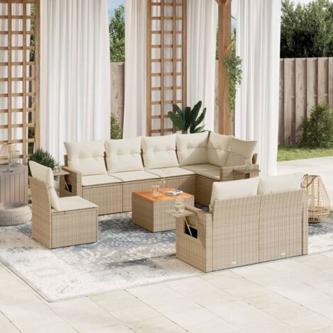 Salon de Jardin 9 Places en Résine Tressée Beige avec Coussins - Ensemble Modulaire avec Table Acacia (1/5)