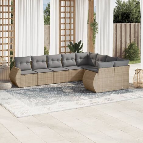Ensemble Salon Jardin 9 Places Résine Tressée Beige avec Coussins Gris - Modulaire, Rangement Intégré (1/3)