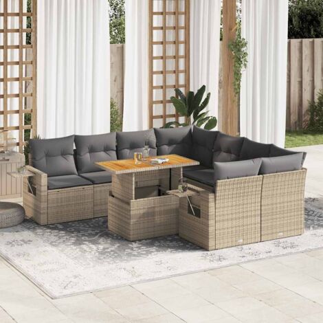 Ensemble de jardin 9 places en résine tressée beige avec coussins gris, table extensible acacia et rangements intégrés (1/5)
