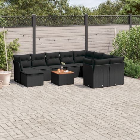 Salon de Jardin 11 Pièces Noir Résine Tressée avec Coussins - Ensemble Canapé d'Angle et Central avec Table Acacia et Repose-Pieds - Mobilier Extérieur Modulaire (1/3)